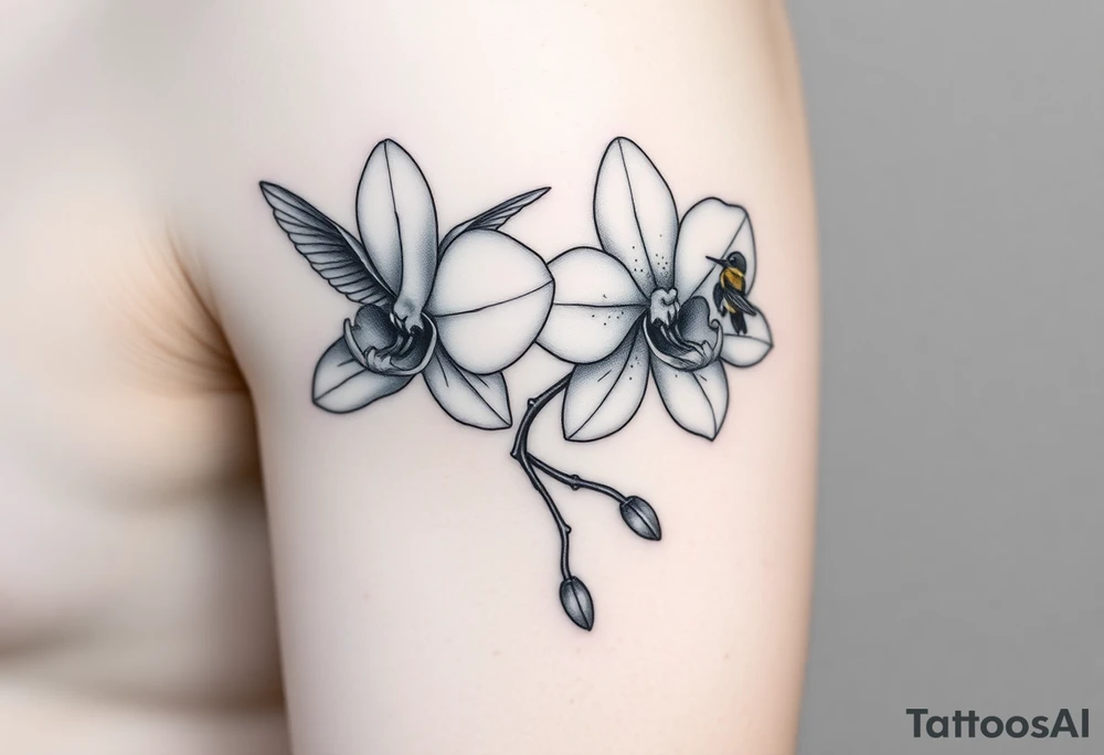 A delicate, black and white fine-line tattoo for male, featuring gracefully detailed 2 orchids in full bloom including their stems, with soft, intricate petals and elegant curves. Beside it, a hummingbird hovers mid-flight, its wings drawn with subtle motion lines, its slender beak reaching toward the orchid’s center to drink its nectar. on the other flower there is a bee that is resting tattoo idea