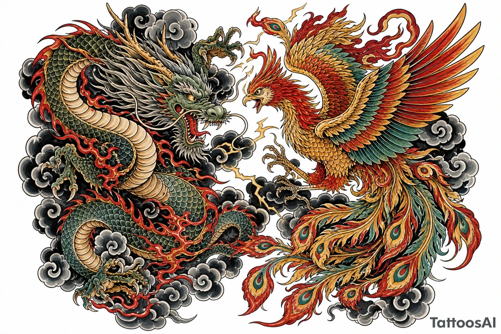 Japanese dragon and phoenix clashing in stormy, dark clouds, traditional ink style. tattoo idea