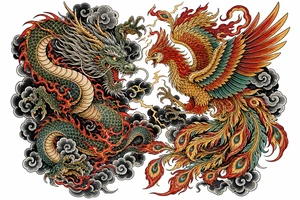 Japanese dragon and phoenix clashing in stormy, dark clouds, traditional ink style. tattoo idea