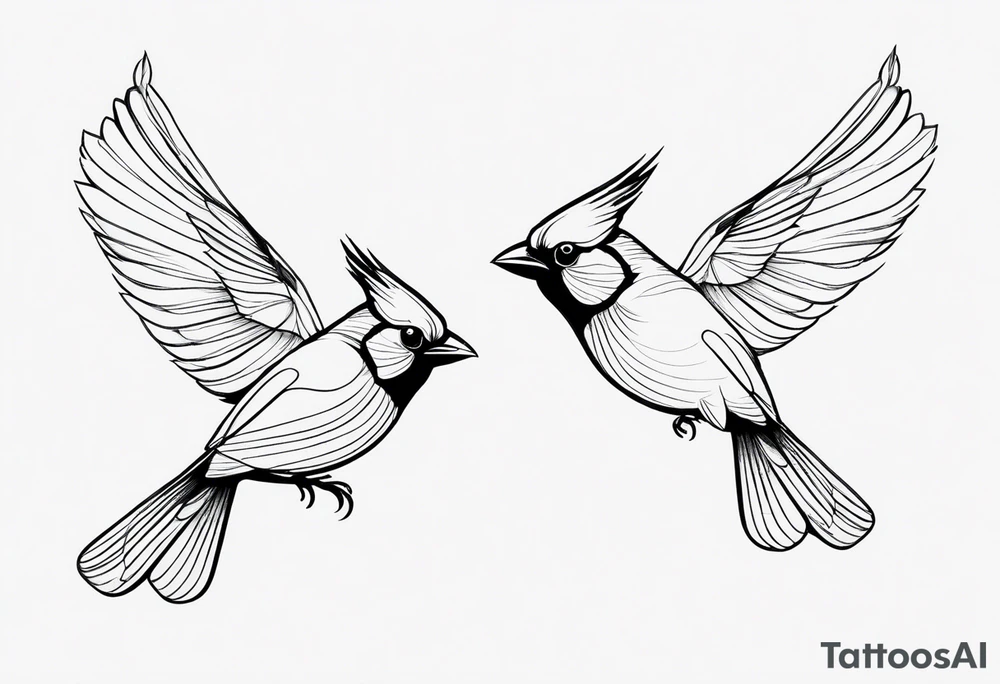 two cardinal birds flying facing eachother 
fine line with some shading tattoo idea