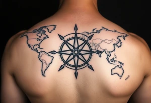 antique compass rose overlaid on weathered world map tattoo idea