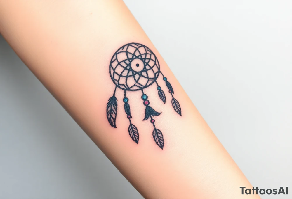 native dreamcatcher with flowing feathers and sacred beads tattoo idea
