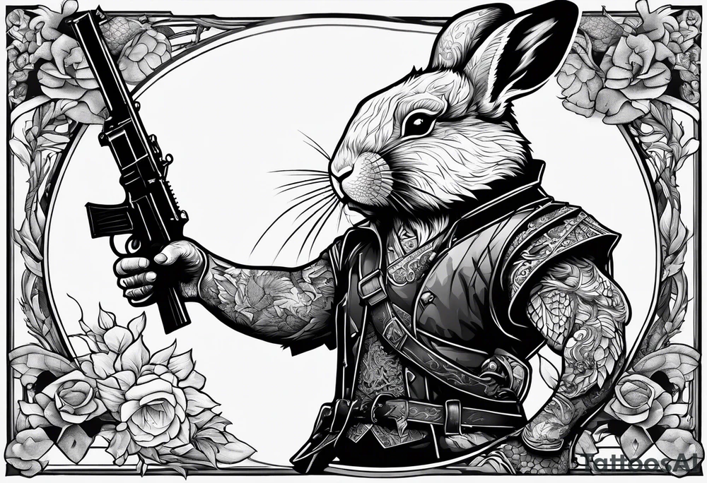 rabbit with gun fighting with dragon tattoo idea