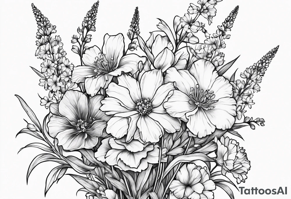 Bouquet Simple Tattoo of larkspur, carnation, violet, daisy with stem tattoo idea