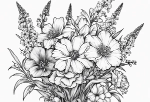 Bouquet Simple Tattoo of larkspur, carnation, violet, daisy with stem tattoo idea