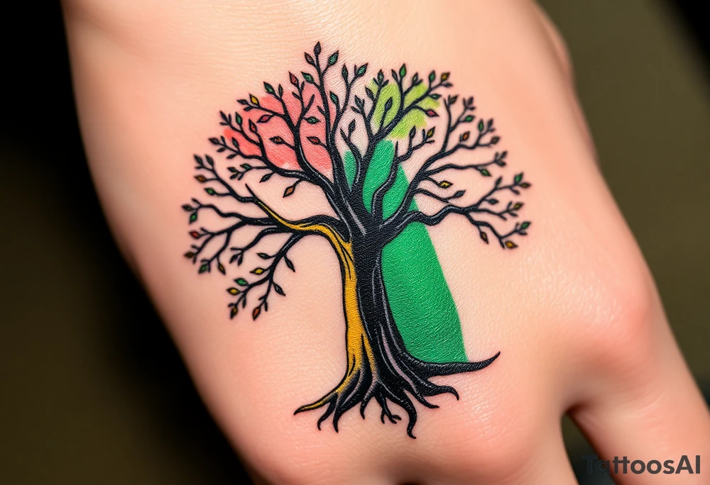 Vibrant tree of life Jamaican colours one half and Irish colours one half in background of tree tattoo idea