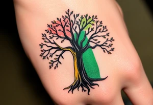 Vibrant tree of life Jamaican colours one half and Irish colours one half in background of tree tattoo idea