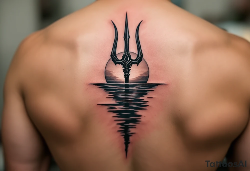 trident half way under calm water with sunset tattoo idea