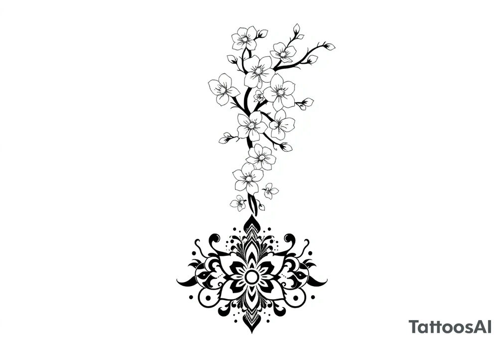 A detailed and elegant tattoo design for the spine, incorporating a vertical flow of cherry blossoms with delicate petals and branches. The lower back features symmetrical ornamental elements inspired by tribal and decorative patterns, seamlessly blending into the floral motif. The design uses fine linework, intricate dotwork, and soft curves that follow the natural contours of the body, creating a feminine and cohesive piece. The overall aesthetic is balanced, with a mix of bold ornamental elements at the lower back and light, airy floral accents along the spine. tattoo idea