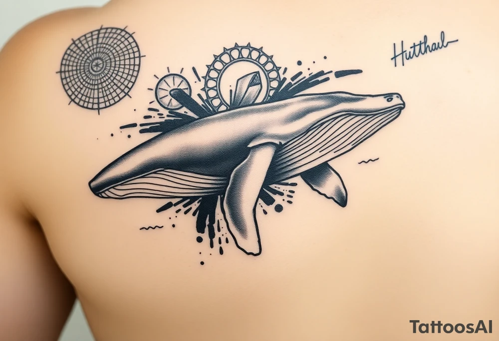 “A realistic-style humpback whale swimming forward across the upper bicep, with its tail transitioning into abstract brushstrokes and artistic smudges. Background includes sacred geometric shapes (circles, triangles, lines) integrated subtly, and a detailed Maori/Polynesian tribal tattoo only on the shoulder area. Add expressive blue calligraphic scribbles – more like ink gestures than text. tattoo idea