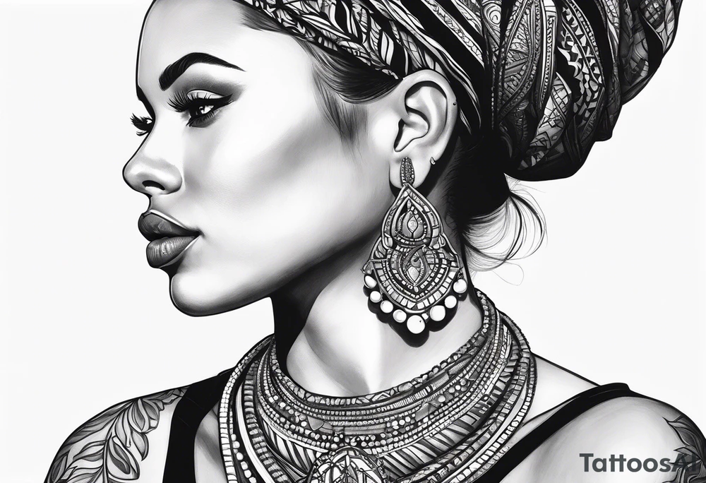 Caucasian women with dark hair and features. She will be posing sideways portrait style. She need to embody a modern queen. She must be wearing 3 African style necklaces and african Earrings. tattoo idea