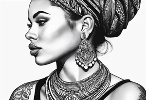 Caucasian women with dark hair and features. She will be posing sideways portrait style. She need to embody a modern queen. She must be wearing 3 African style necklaces and african Earrings. tattoo idea