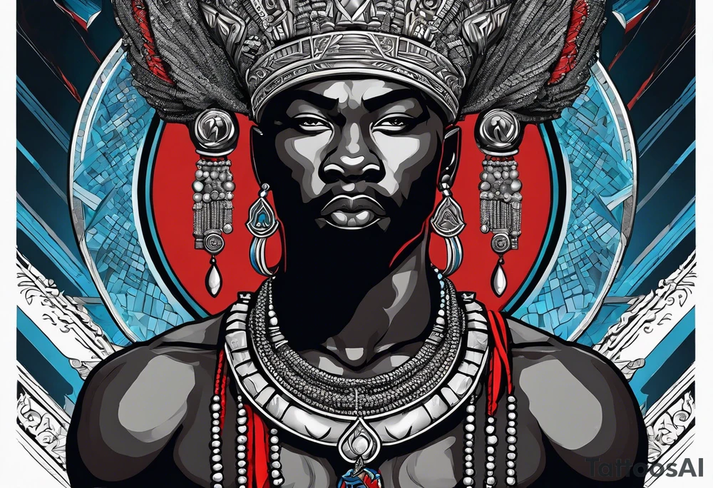 An african god, a bald warrior, that uses a sword and a silver crown. He also uses blue and red necklaces tattoo idea