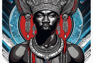 An african god, a bald warrior, that uses a sword and a silver crown. He also uses blue and red necklaces tattoo idea