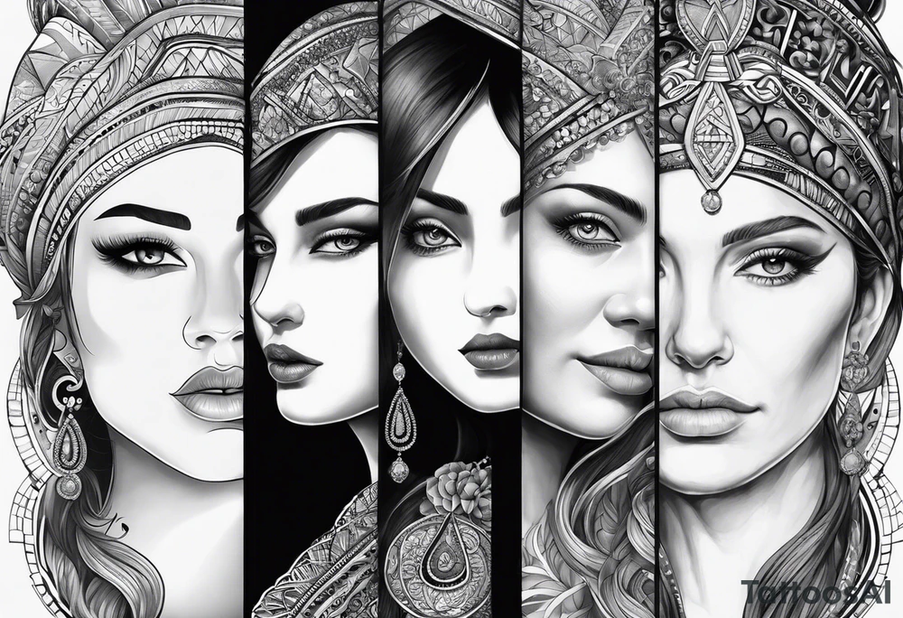 Three women's faces next to each other. The woman on the left a young woman18yo, the middle  is a mother40 yo the right is a grandmother 70yo tattoo idea