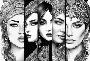 Three women's faces next to each other. The woman on the left a young woman18yo, the middle  is a mother40 yo the right is a grandmother 70yo tattoo idea