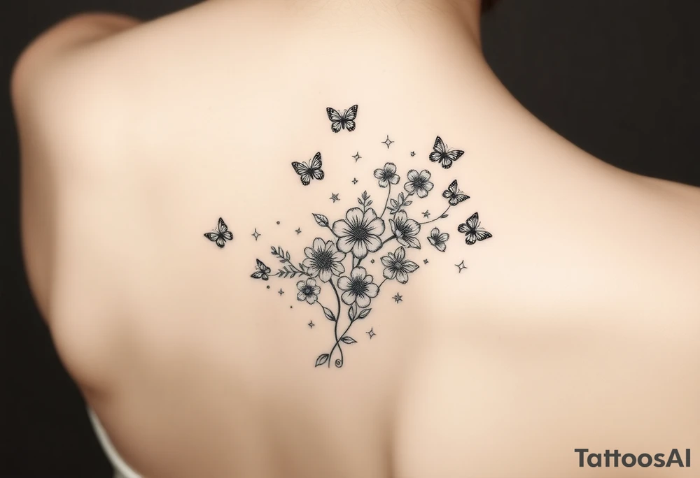 Flowers down the spine surrounded by small butterflies and sparkles tattoo idea
