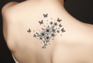 Flowers down the spine surrounded by small butterflies and sparkles tattoo idea