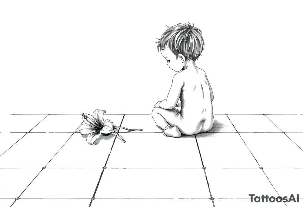 A simple tile floor with a minimalist curled child sitting on the floor with a lily next to her tattoo idea