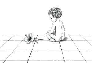 A simple tile floor with a minimalist curled child sitting on the floor with a lily next to her tattoo idea