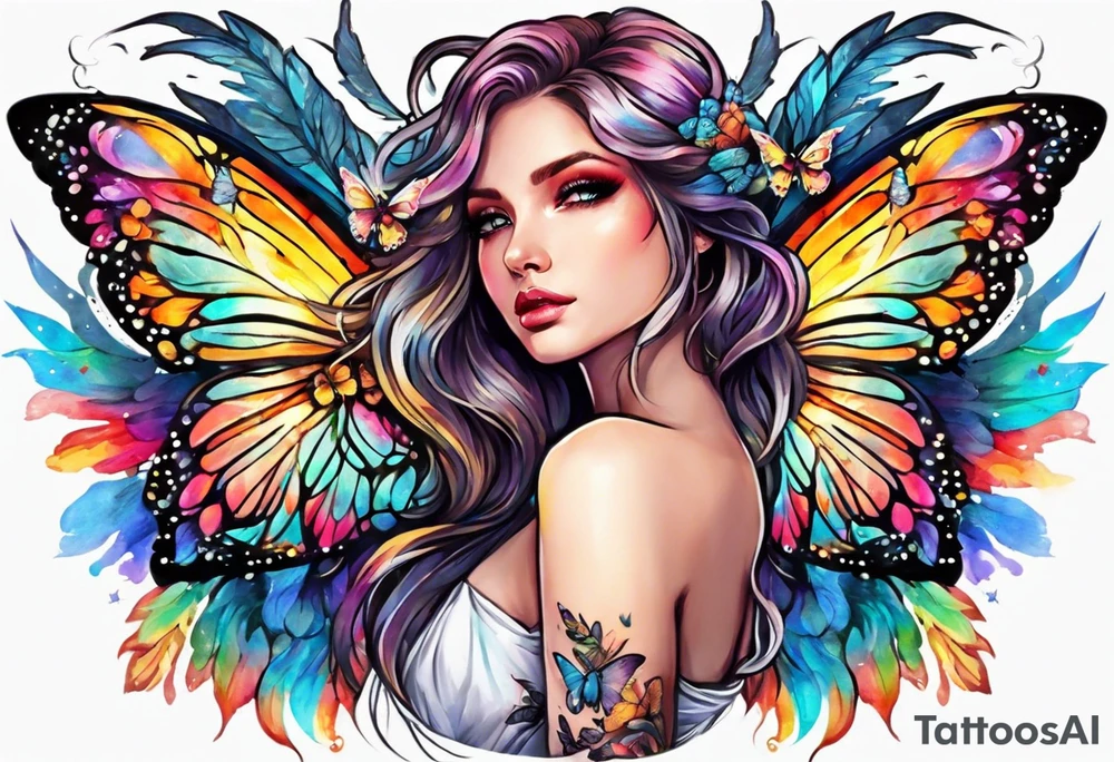 Colorful angel wings and butterfly tattoo idea