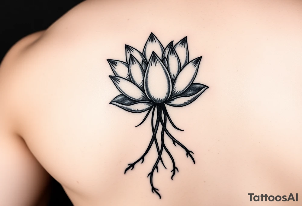 Lotus flower floats in the water long roots meander downwards tattoo idea