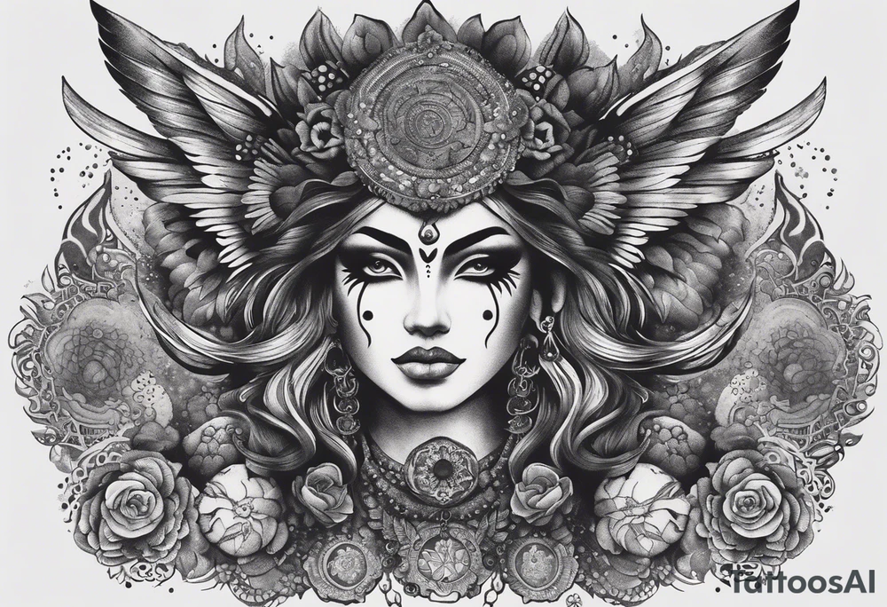 black kali, goddess pirate, alien, angel, pachamama, valkrye, warrior, flying, skull, lotus azul, wing, eagle, zenza resonance, stars, 5D, anahata chakra, death, durga, riding on a tiger, flying lady, kundalini, chest tatoo, samuri, rebel, serpent tattoo idea