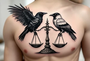 A black and white raven perched on opposite sides of an ornate scale, representing the choice between good and bad karma. tattoo idea