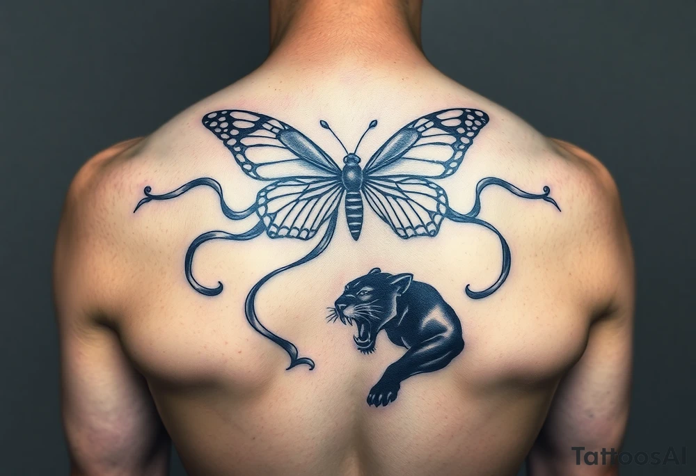 ethereal butterfly with flowing silk ribbons in moonlight with panther tattoo idea