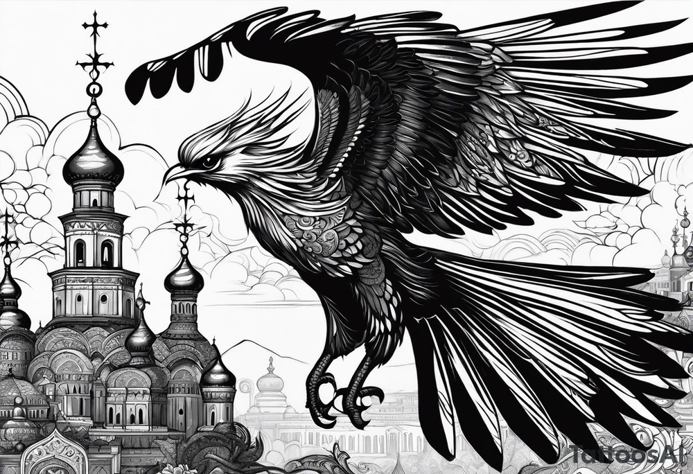 russian firebird in-flight with fancy tail and small onion cap monastery towers in background, with "Isaiah 43: 18-19" tattoo idea