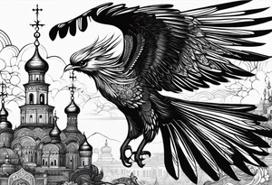 russian firebird in-flight with fancy tail and small onion cap monastery towers in background, with "Isaiah 43: 18-19" tattoo idea
