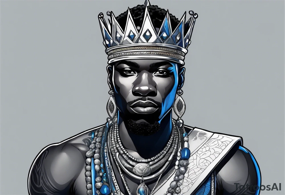 Black-skinned african king with a simple silver crown. He uses blue necklaces and has a sword tattoo idea