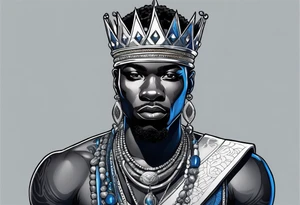 Black-skinned african king with a simple silver crown. He uses blue necklaces and has a sword tattoo idea