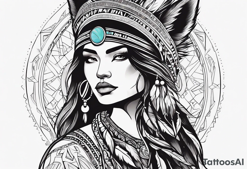 abstract organic line artwork woman, native american, wolf tattoo idea
