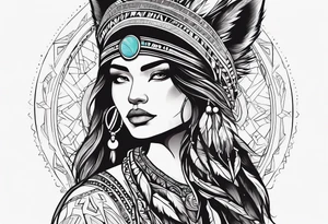 abstract organic line artwork woman, native american, wolf tattoo idea
