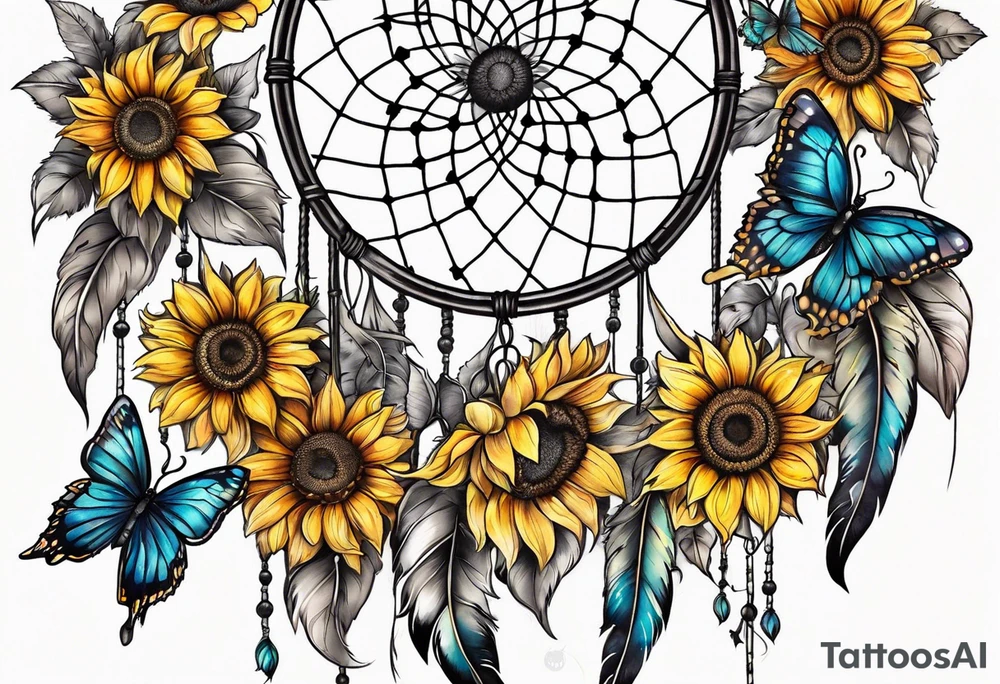 Dream catcher with sunflower in back ground with butterflies tattoo idea