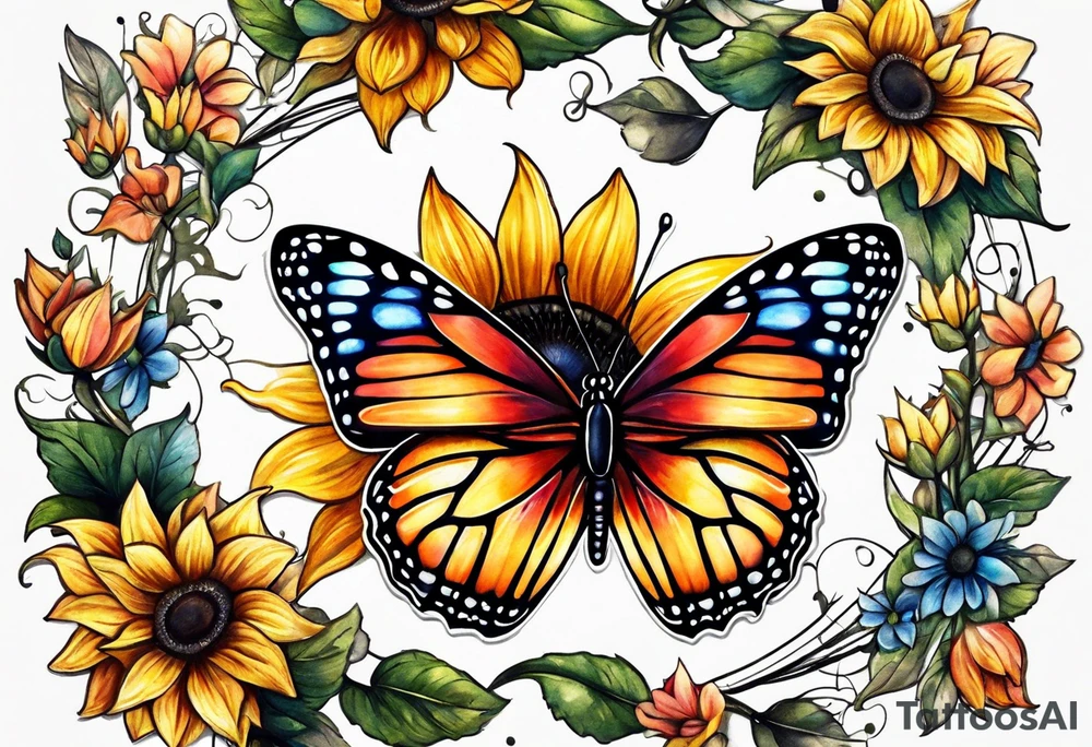 Half sunflower half butterfly tattoo idea
