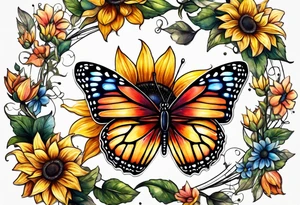 Half sunflower half butterfly tattoo idea