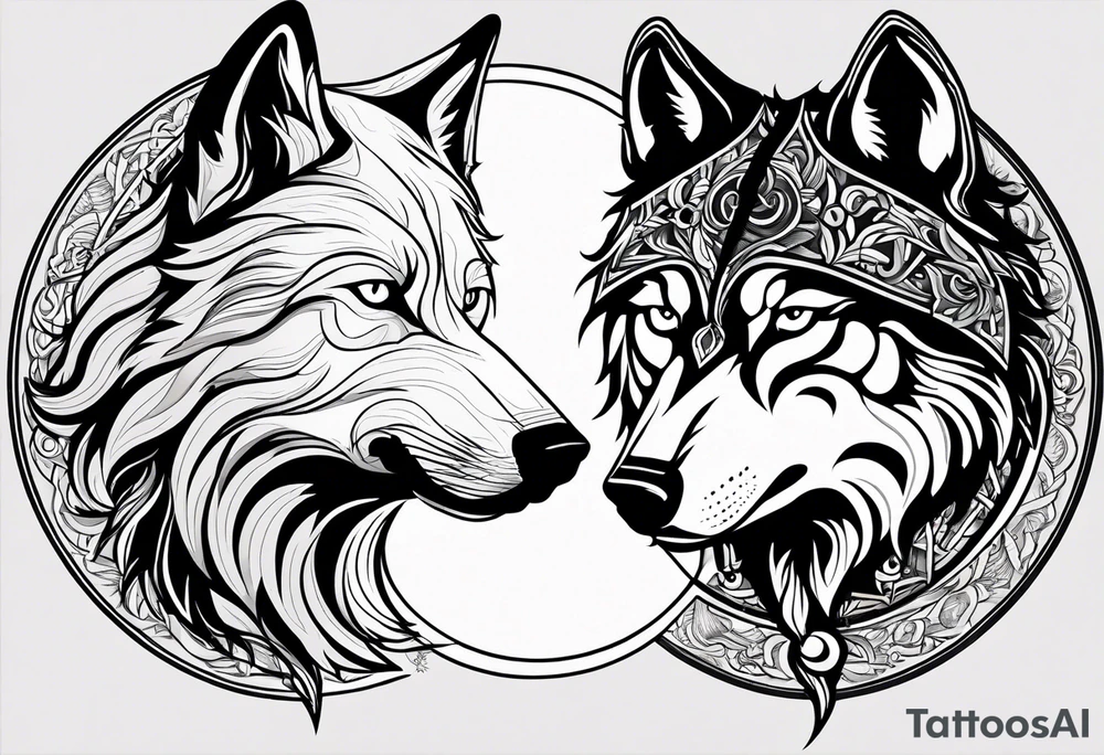 black wolf and white wolf in a ying yang style tattoo idea