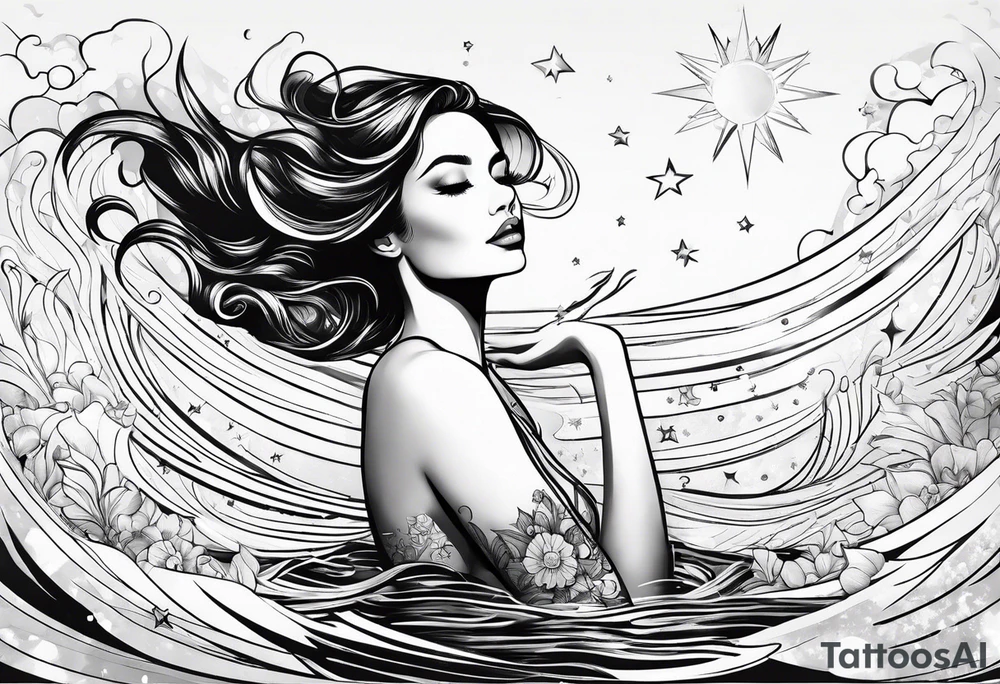 woman in pool reaching to stars tattoo idea
