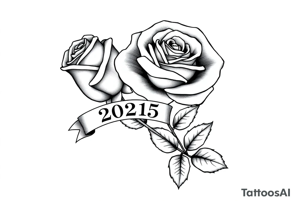 two beautiful large rose buds, one larger than the other, with many leaves next to the rose buds, with one sitting higher than the other. Include a banner connecting the two roses with "2025" on it.   Use dark outlines with little shading. The two stems should be short, not long, and connect and join into one stem, whimsically curved or twisted - not straight down. tattoo idea