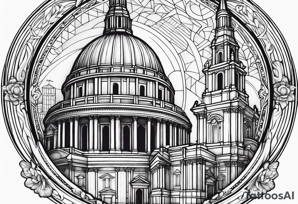 St. Paul tattoo with the interior of St. Paul’s cathedral in the back ground tattoo idea