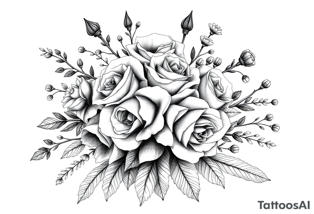 vintage bouquet of wild roses and meadow flowers with morning dew tattoo idea