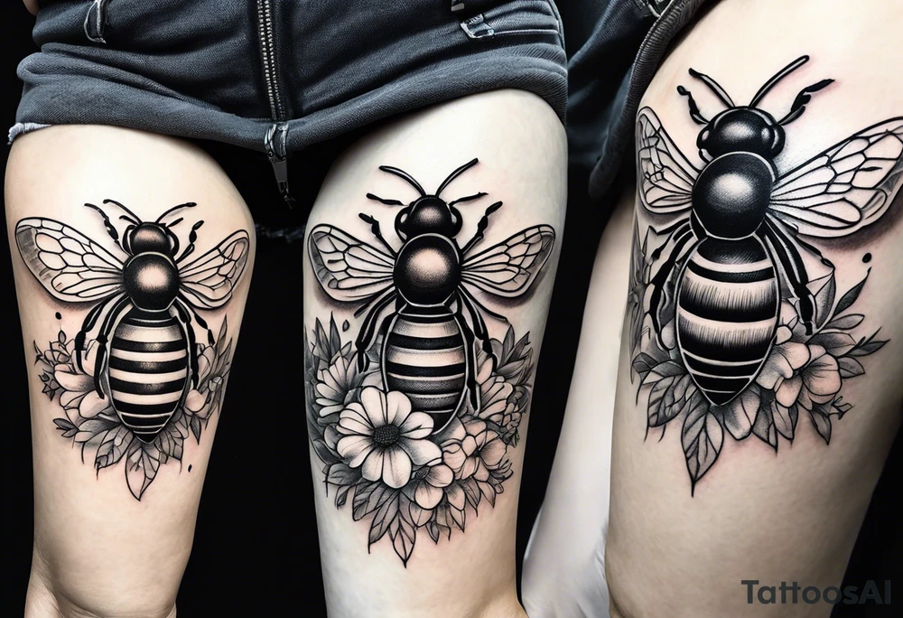 a tattoo with beehive flowers bees and queen bee signifying a mothers love guidance and bond with her daughters and granddaughter tattoo idea