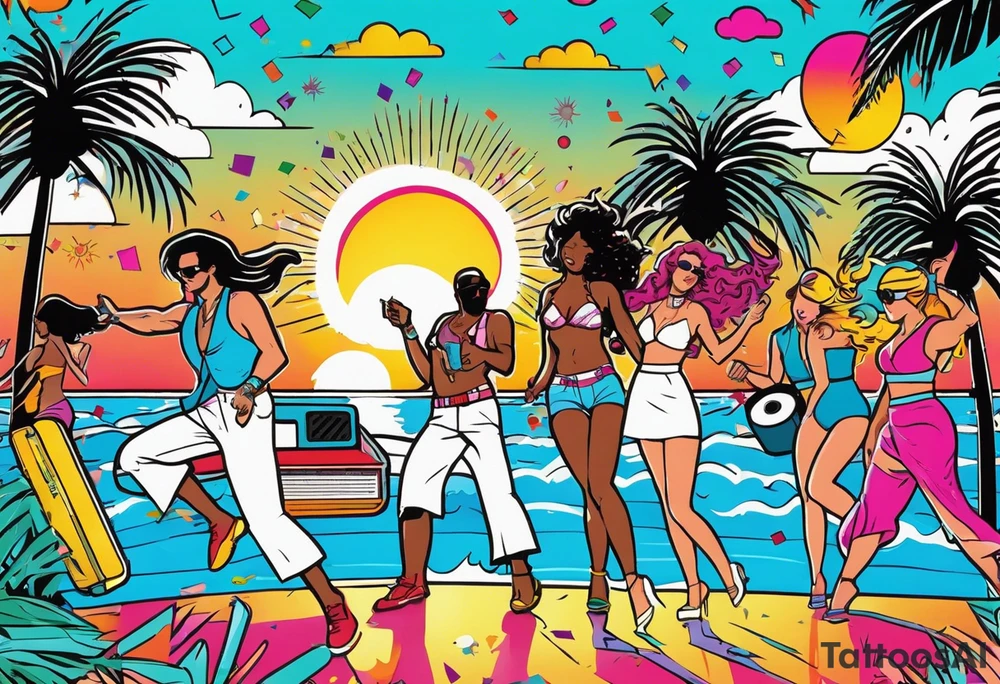 1980's miami vice style beach dance 
party, include confetti, music notes, boom box, bikinis sunset in the center tattoo idea
