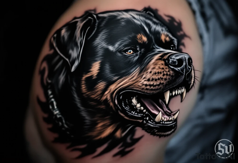 Black and Grey Rottweiler Snarl – A dramatic side profile of a Rottweiler mid-growl, in smooth black and grey realism. Emphasize the muscles, teeth, and intense expression. tattoo idea