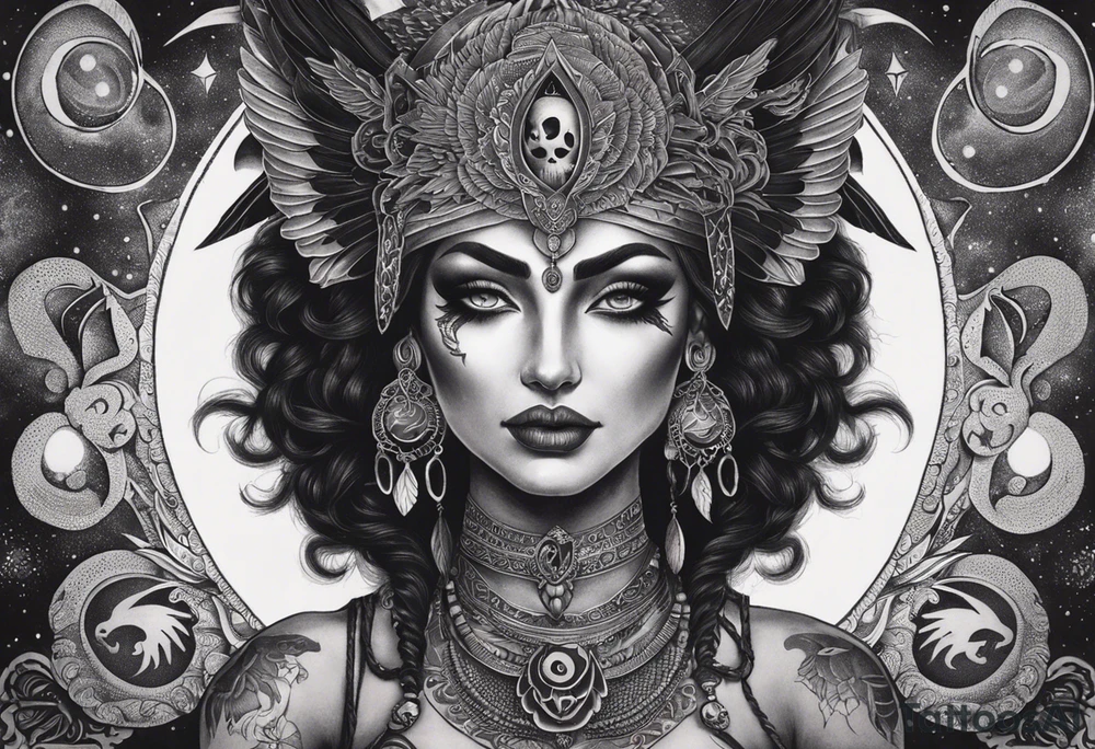 black kali, goddess pirate, alien, angel, pachamama, valkrye, warrior, flying, skull, lotus azul, wing, eagle, zenza resonance, stars, 5D, anahata chakra, death, durga, riding on a tiger, flying lady, kundalini, chest tatoo, rebel tattoo idea