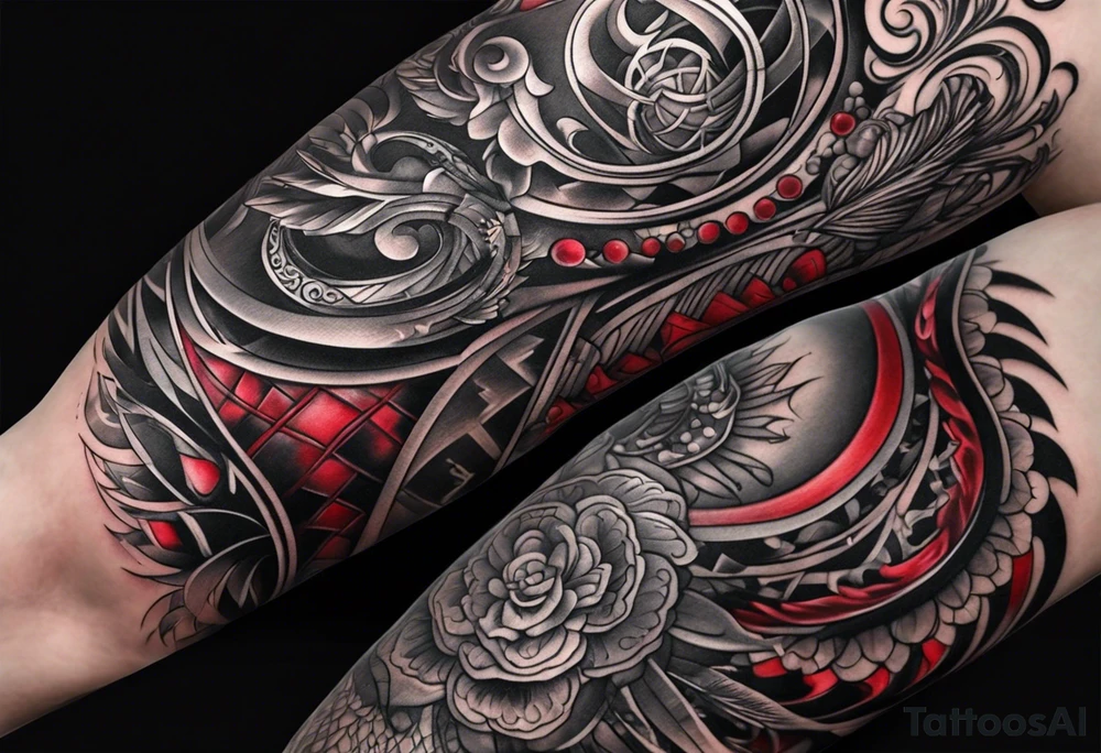 Full Arm sleeve, black, gray, silver, red tattoo idea