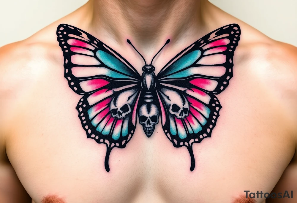 evil powerful majestic and dark monarch butterfly with  graffiti skull detail as the body hidden skulls in wings, skull detail making the body of the butterfly with a horror style effect, including aqua, pink and white colouring
placement on chest at collarbone tattoo idea