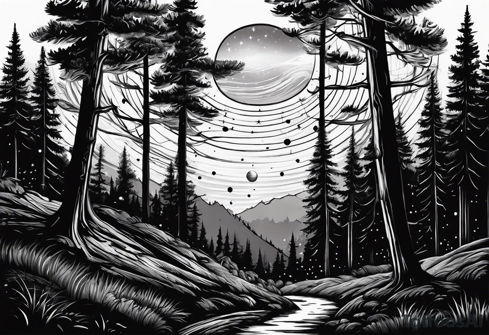 forest with trail and above is night sky with stars and 1 small ufo. vertical tattoo idea